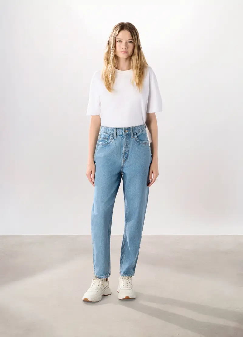 Pantaloni Mom Fit In Denim Di Puro Cotone Donna, Blu chiaro