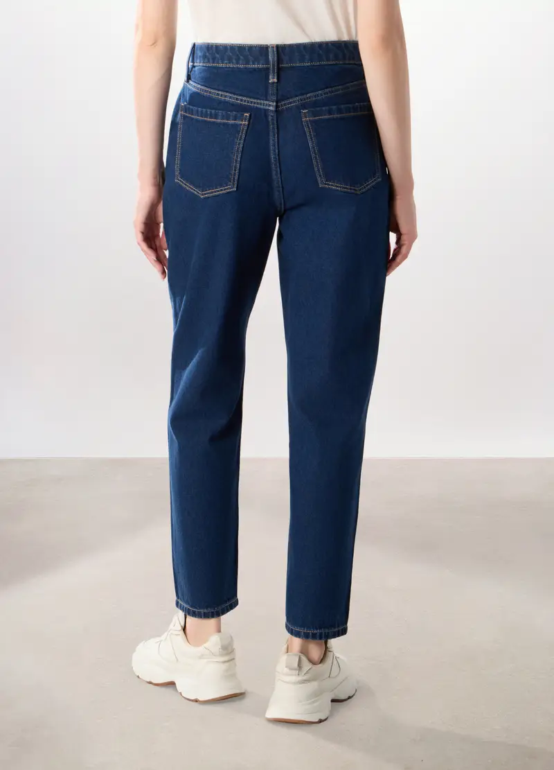 Pantaloni Mom Fit In Denim Di Puro Cotone Donna, Blu scuro miniatura 2