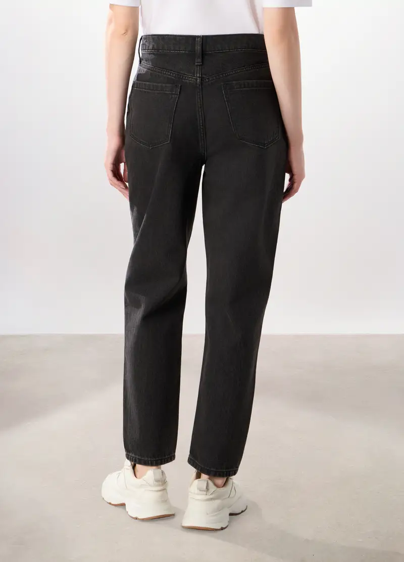 Pantaloni Mom Fit In Denim Di Puro Cotone Donna, Nero miniatura 2