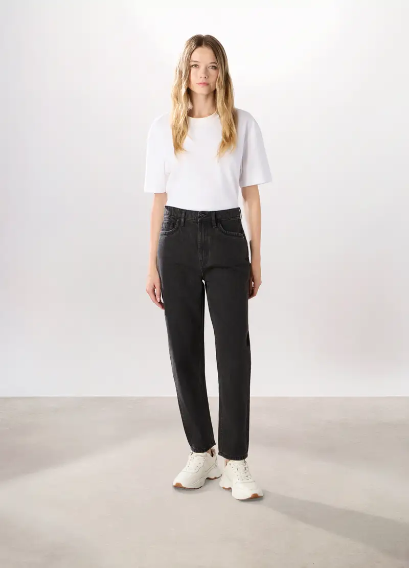 Pantaloni Mom Fit In Denim Di Puro Cotone Donna, Nero