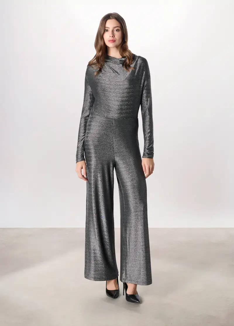 Pantaloni Palazzo Con Filo Lurex Donna, Grigio argento