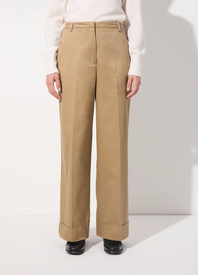 Pantaloni Palazzo In Gabardine Di Puro Cotone Donna, Unisex, Beige scuro miniatura 2