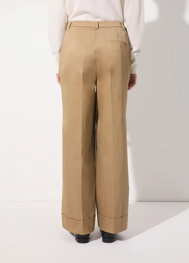Pantaloni Palazzo In Gabardine Di Puro Cotone Donna, Unisex, Beige scuro miniatura 3