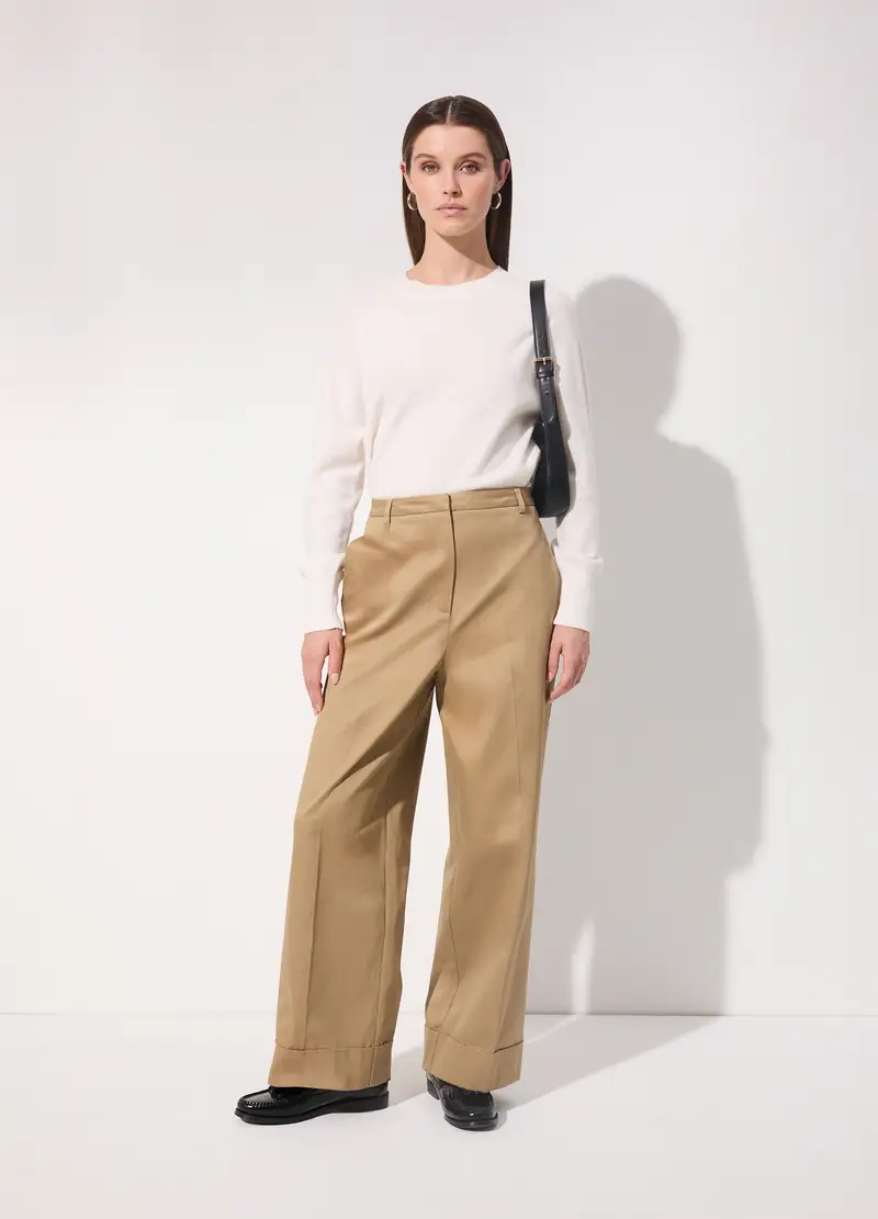 Pantaloni Palazzo In Gabardine Di Puro Cotone Donna, Unisex, Beige scuro