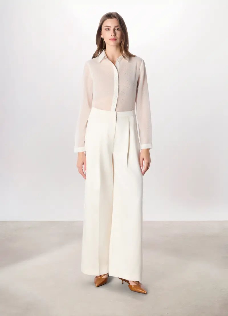 Pantaloni Palazzo In Raso Misto Viscosa Donna, Bianco gesso