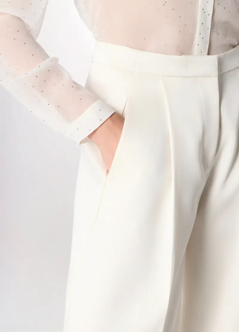 Pantaloni Palazzo In Raso Misto Viscosa Donna, Bianco gesso miniatura 3