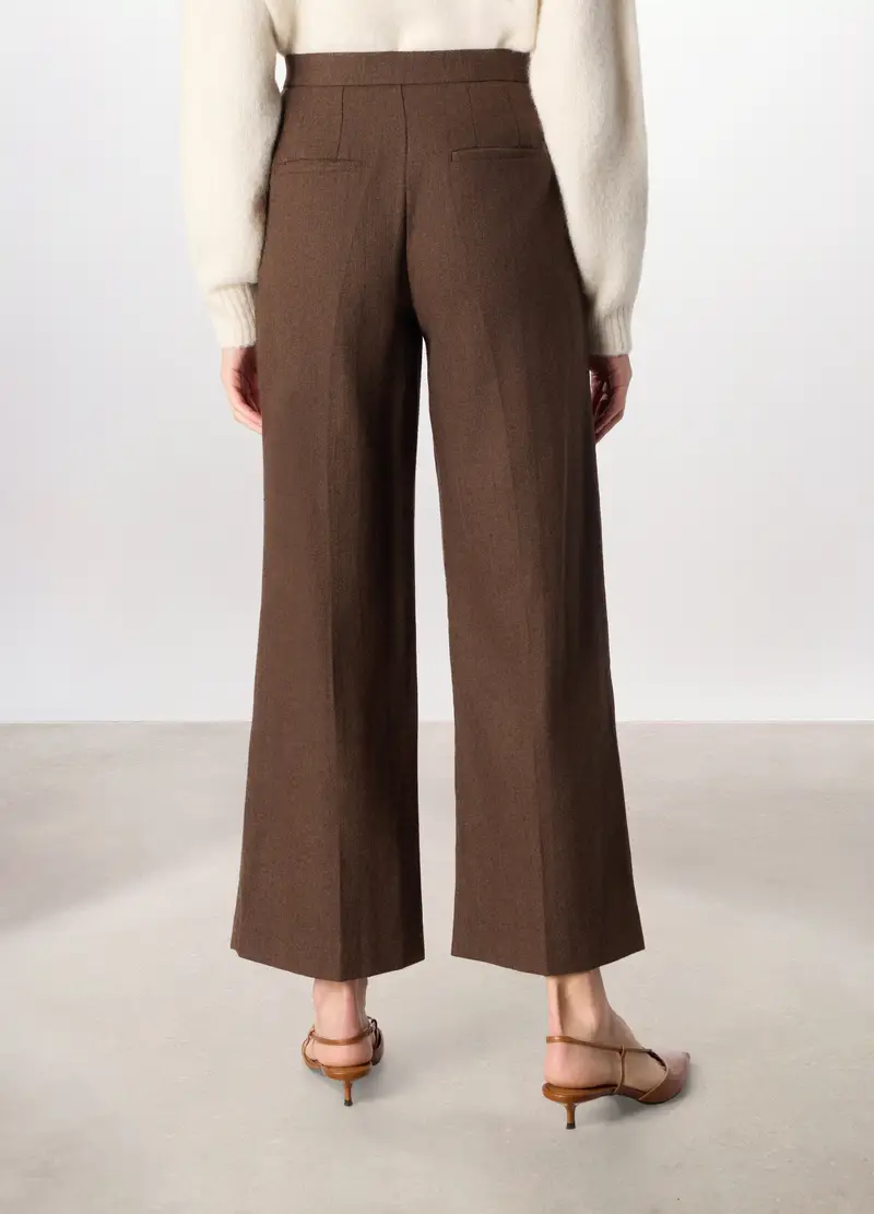 Pantaloni Palazzo In Tweed Misto Lana Donna, Marrone cioccolato miniatura 2