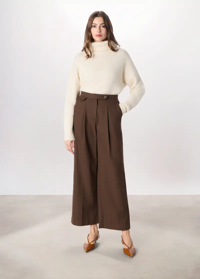 Pantaloni Palazzo In Tweed Misto Lana Donna, Marrone cioccolato