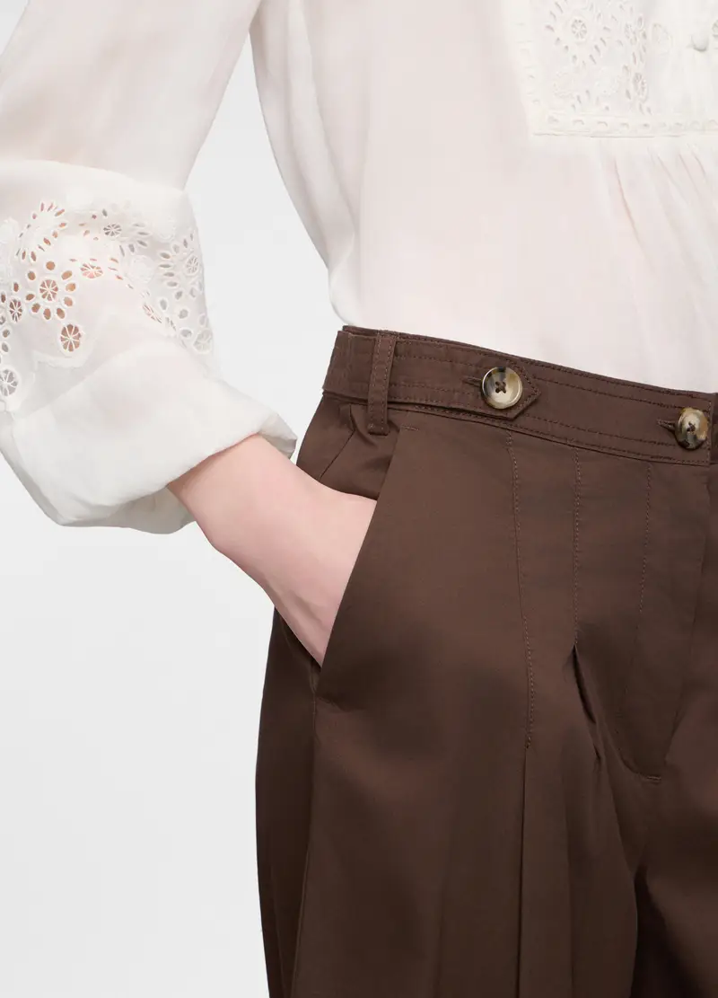 Pantaloni Palazzo In Twill Di Puro Cotone Donna, Marrone cioccolato miniatura 3