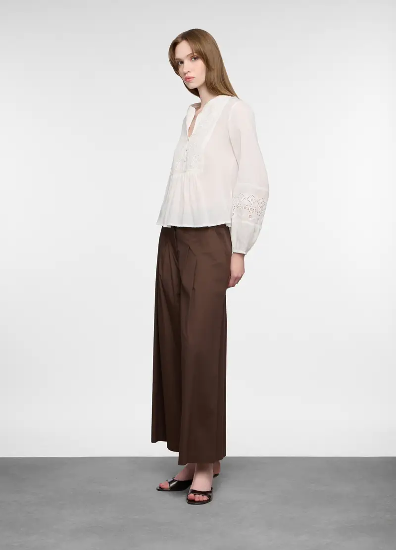 Pantaloni Palazzo In Twill Di Puro Cotone Donna, Marrone cioccolato