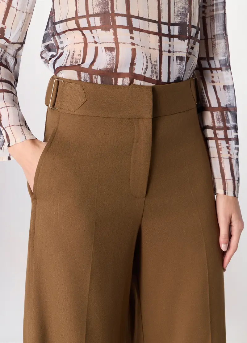 Pantaloni Palazzo In Twill Misto Viscosa Donna, Marrone chiaro miniatura 3