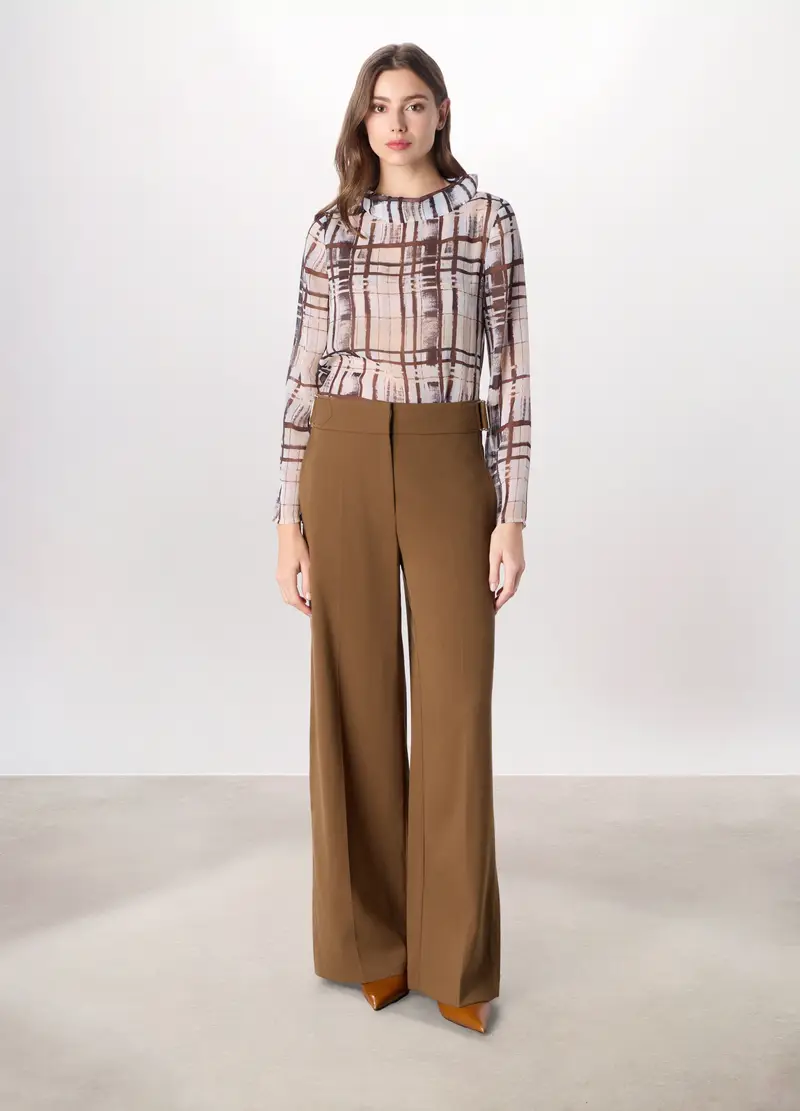 Pantaloni Palazzo In Twill Misto Viscosa Donna, Marrone chiaro