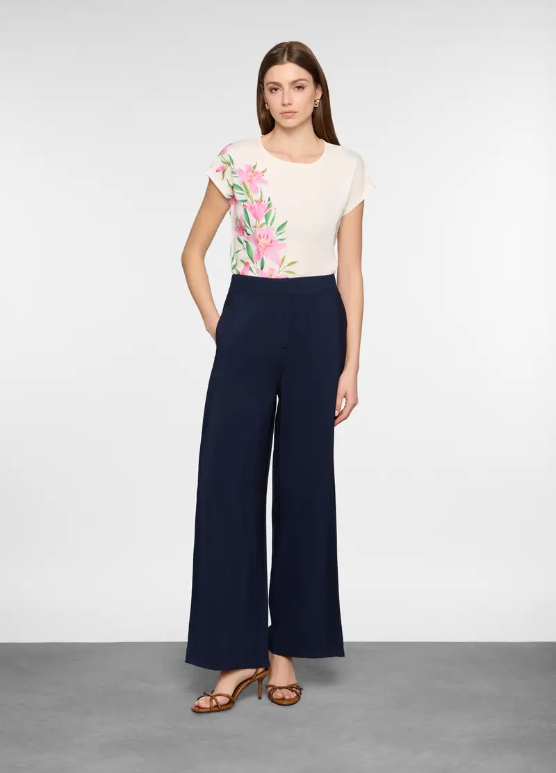 Pantaloni Palazzo In Viscosa Stretch Donna, Blu navy