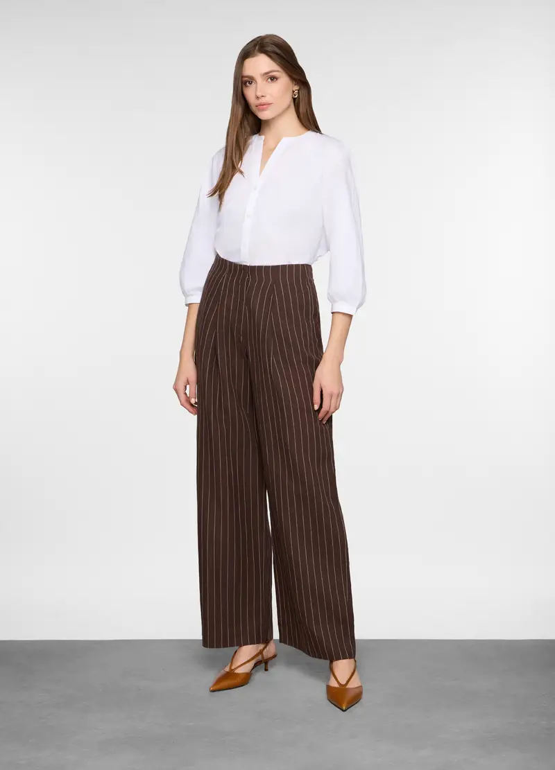 Pantaloni Palazzo Over Fit Gessati Misto Lino Donna, Marrone cioccolato