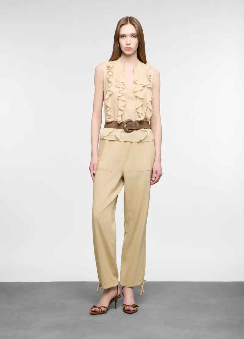 Pantaloni Parachute Misto Lino Donna, Beige chiaro