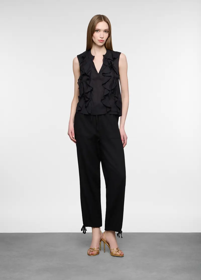 Pantaloni Parachute Misto Lino Donna, Nero