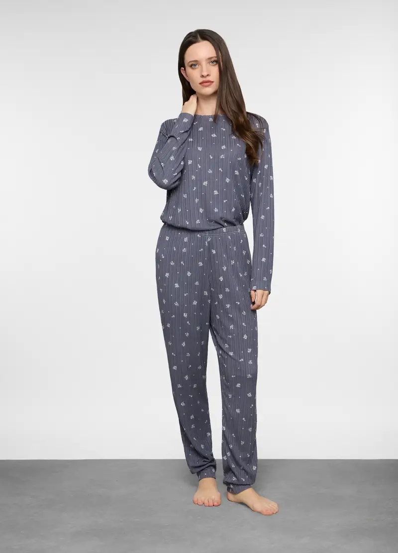 Pantaloni Pigiama In Costina Stretch Donna, Grigio scuro