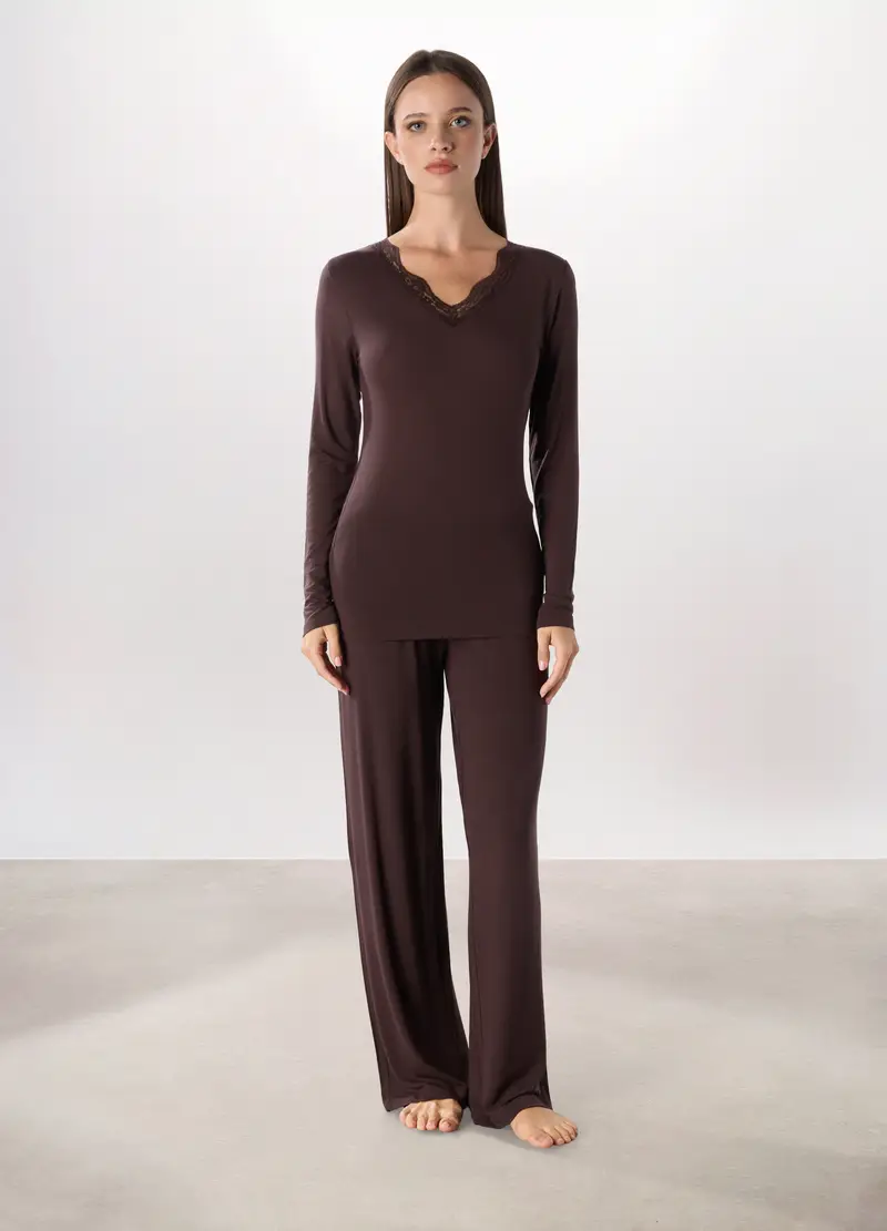 Pantaloni Pigiama In Modal Stretch Donna, Marrone cioccolato