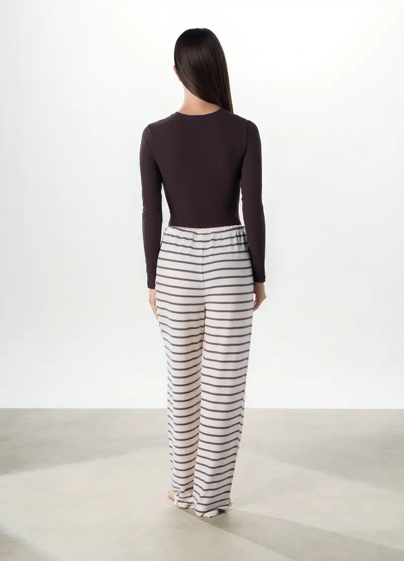 Pantaloni Pigiama Lunghi In Misto Viscosa Donna, Bianco/Marrone miniatura 2