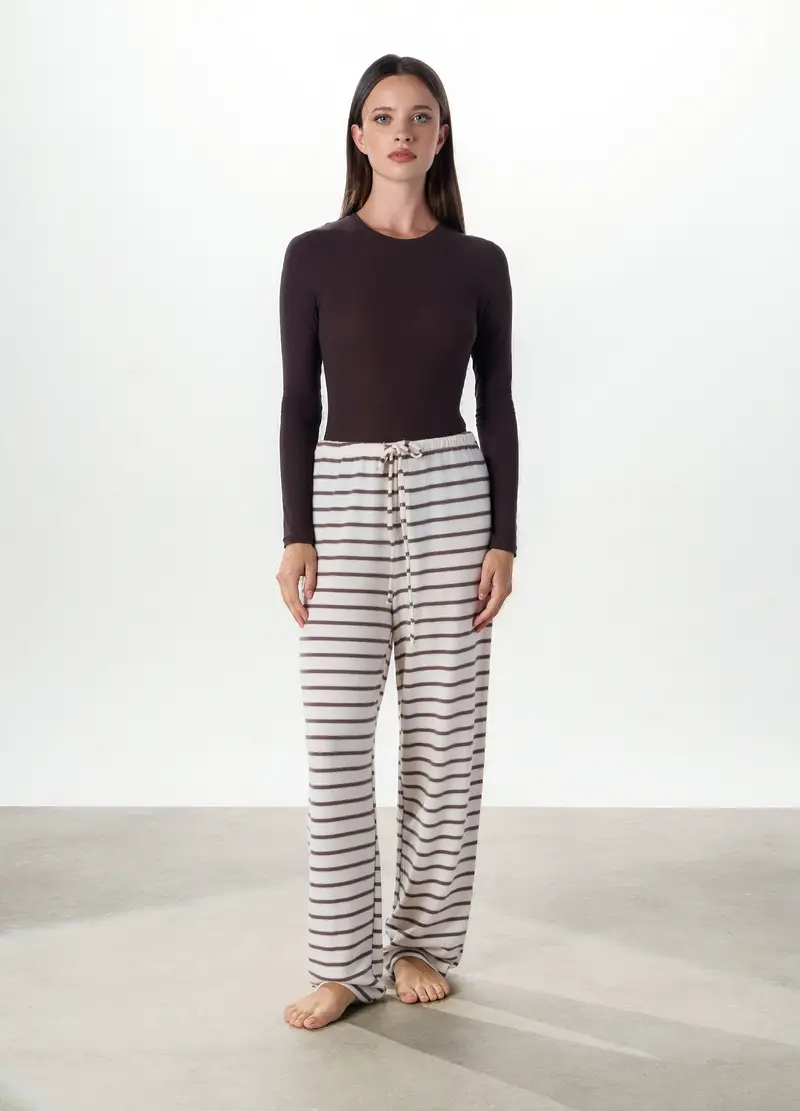 Pantaloni Pigiama Lunghi In Misto Viscosa Donna, Bianco/Marrone