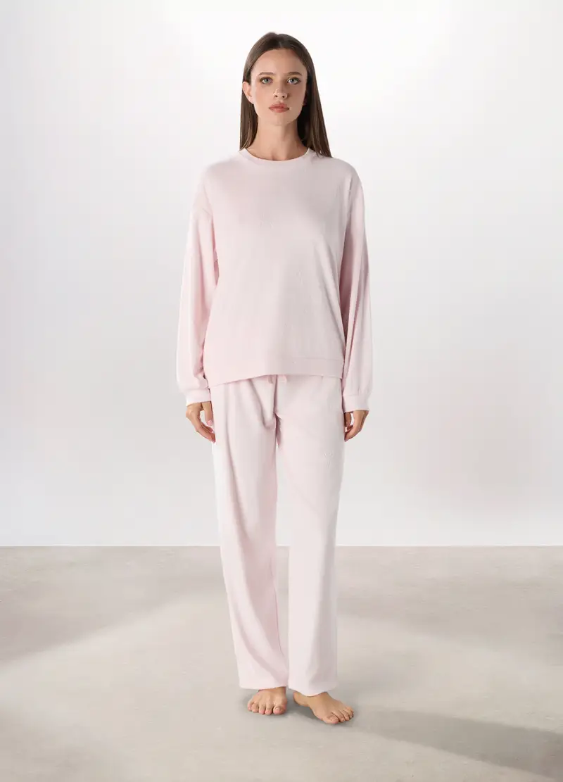 Pantaloni Pigiama Velour Donna, Rosa polveroso