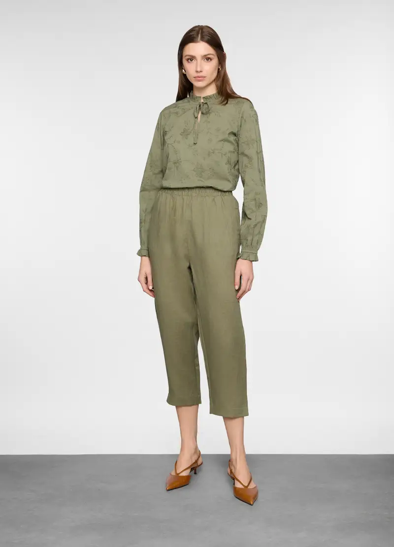Pantaloni Regular Fit Cropped In Puro Lino Donna, Verde salvia