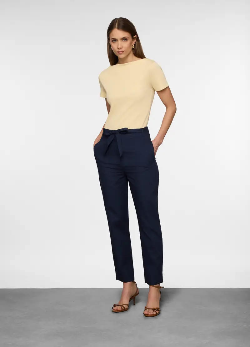 Pantaloni Regular Fit In Popeline Di Puro Cotone Donna, Blu navy