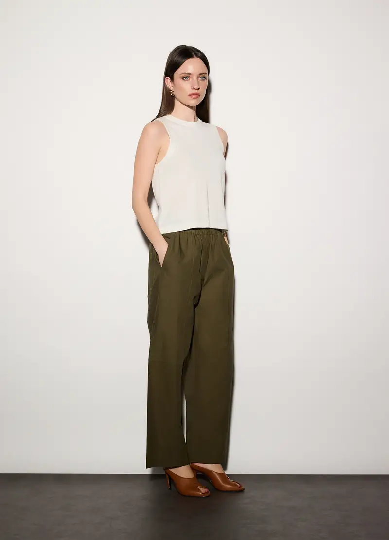Pantaloni Regular Fit In Popeline Di Puro Cotone Donna, Unisex, Verde oliva