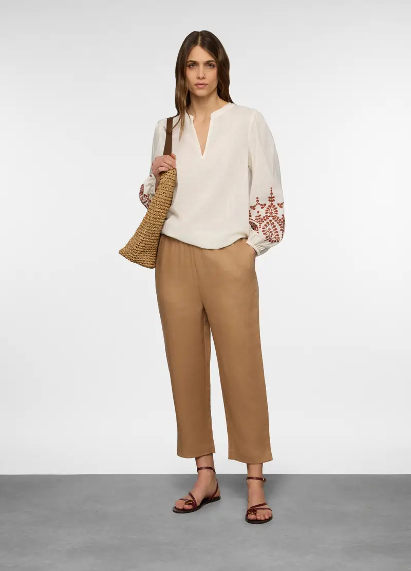 Pantaloni Regular Fit In Puro Lino Donna, Beige chiaro