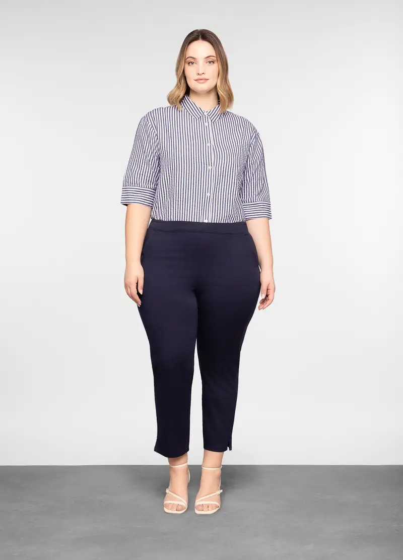 Pantaloni Regular Fit In Raso Di Cotone Stretch Donna Curvy, Blu scuro