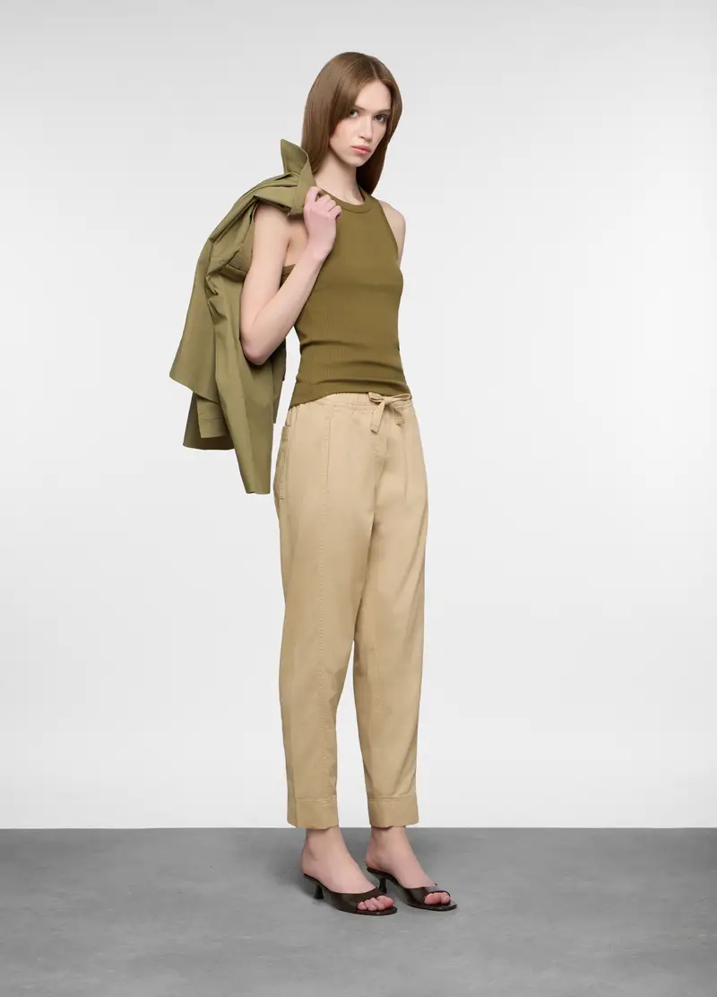 Pantaloni Regular Fit In Twill Di Puro Cotone Donna, Beige chiaro
