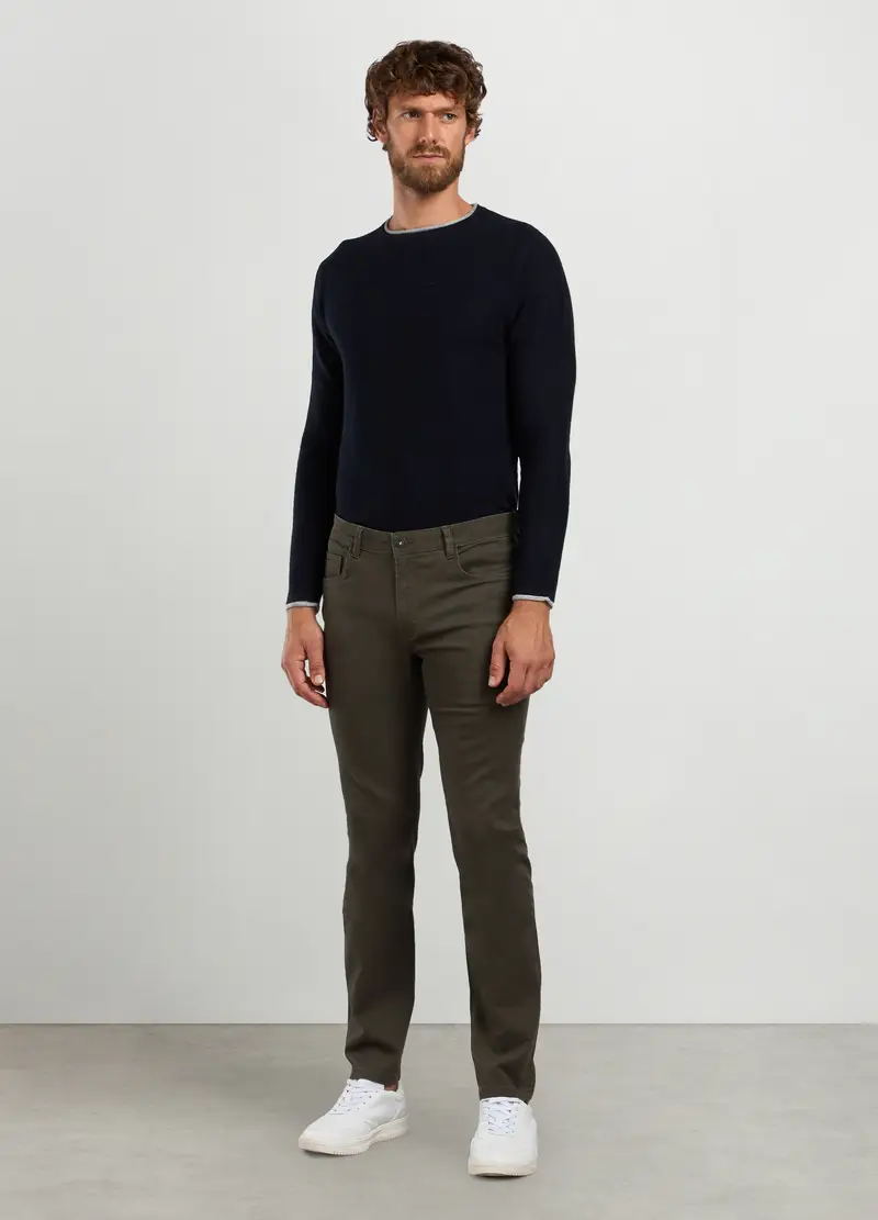 Pantaloni Slim Fit In Twill Di Cotone Stretch Uomo, Verde oliva