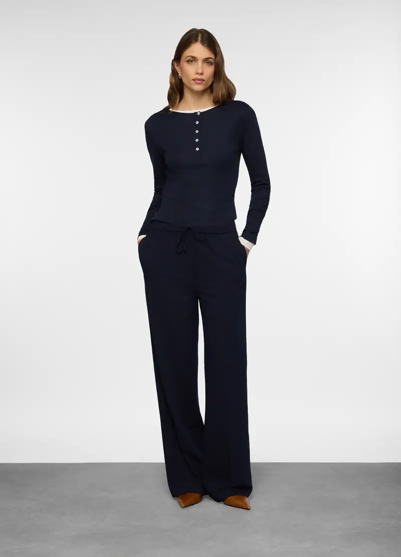 Pantaloni Straight Fit In Poli Viscosa Stretch Donna, Blu scuro