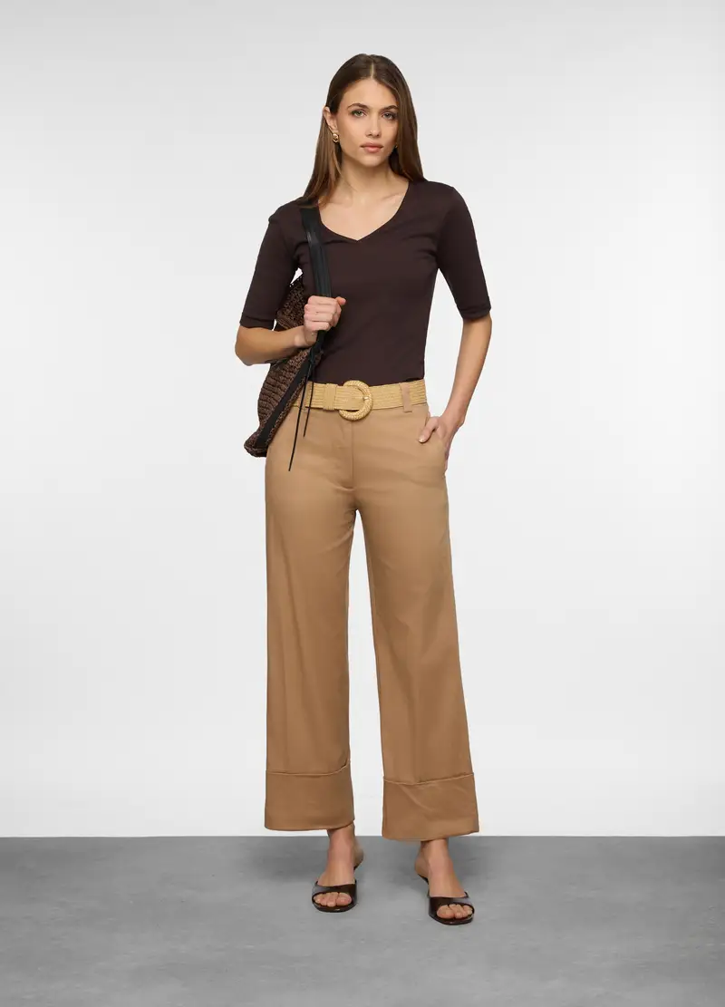 Pantaloni Straight Fit In Raso Di Cotone Stretch Donna, Beige chiaro