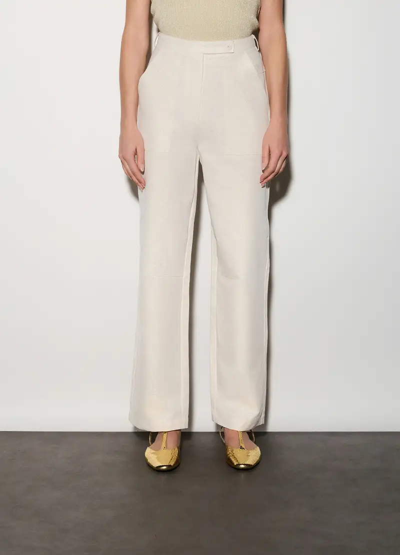 Pantaloni Straight Fit Misto Lino Donna, Unisex, Bianco avorio miniatura 2