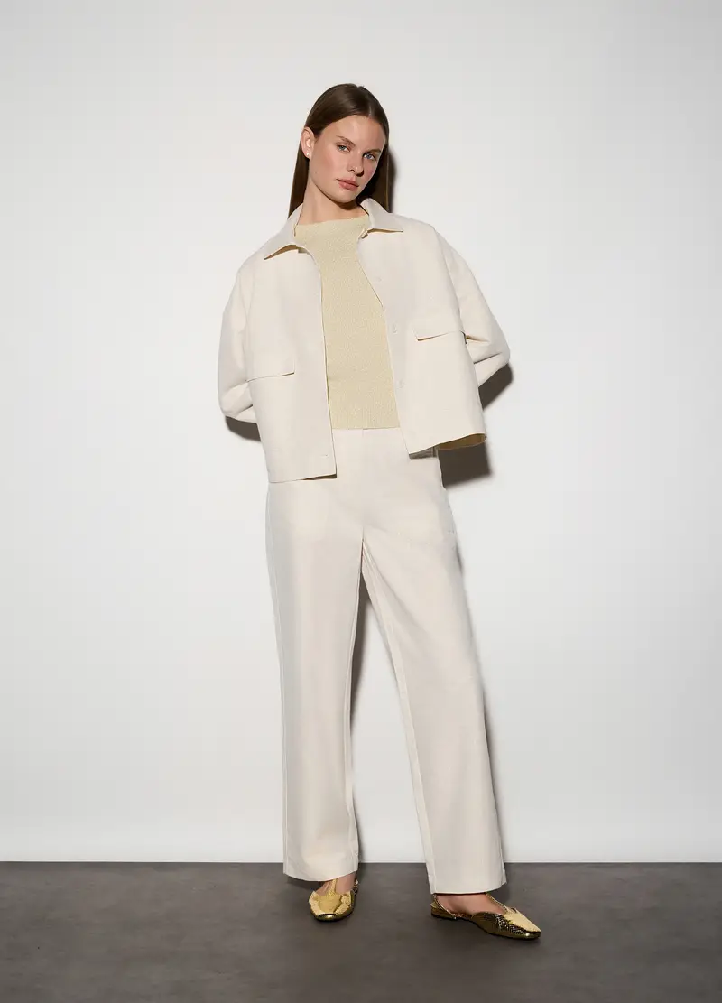 Pantaloni Straight Fit Misto Lino Donna, Unisex, Bianco avorio