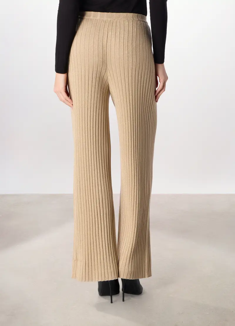 Pantaloni Tricot In Costina Misto Viscosa Donna, Beige chiaro miniatura 2