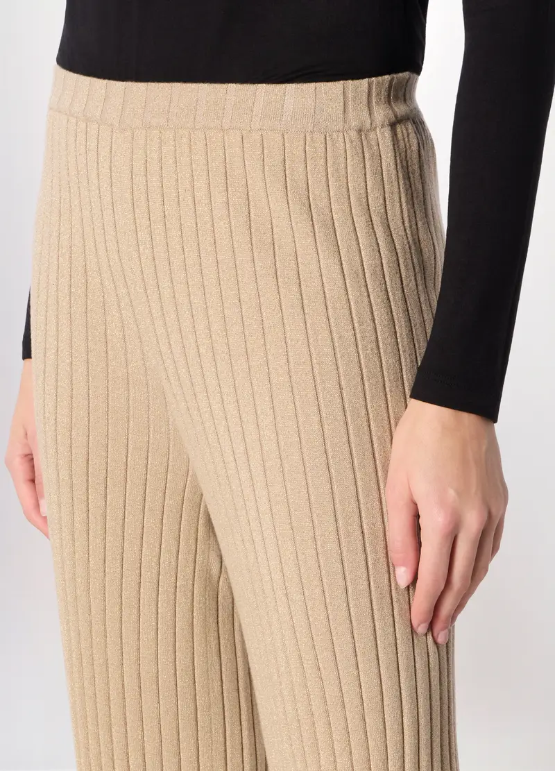 Pantaloni Tricot In Costina Misto Viscosa Donna, Beige chiaro miniatura 3
