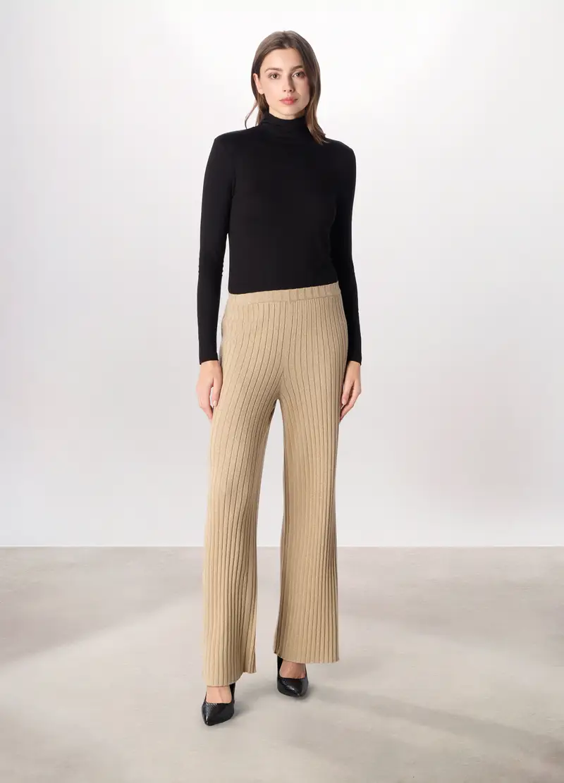 Pantaloni Tricot In Costina Misto Viscosa Donna, Beige chiaro