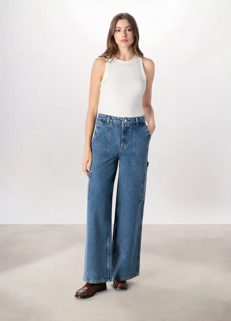 Pantaloni Wide Leg Cargo Donna, Blu denim