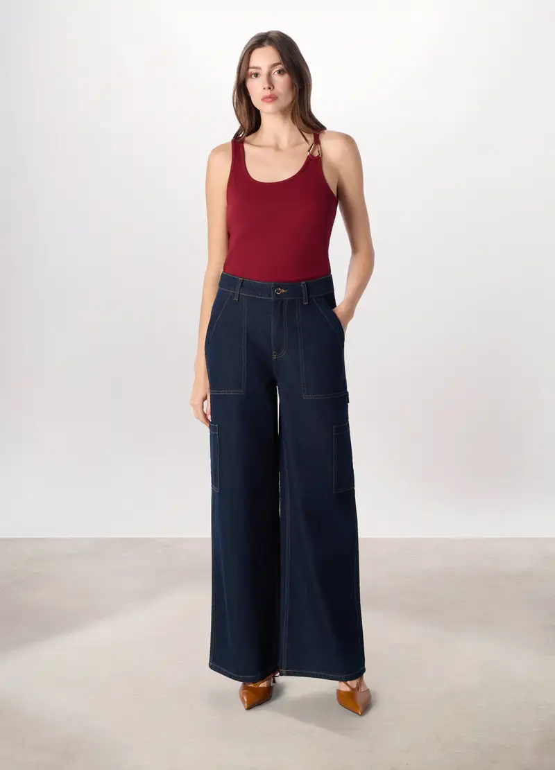 Pantaloni Wide Leg Cargo Donna, Blu scuro