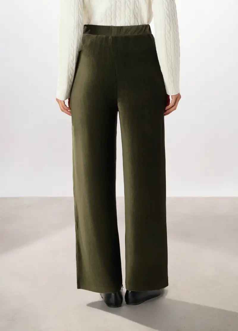 Pantaloni Wide Leg In Costina Di Velluto Donna, Verde oliva miniatura 2