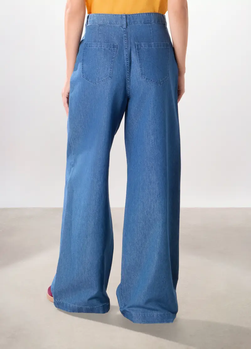 Pantaloni Wide Leg In Denim Di Misto Cotone Donna, Blu denim miniatura 2