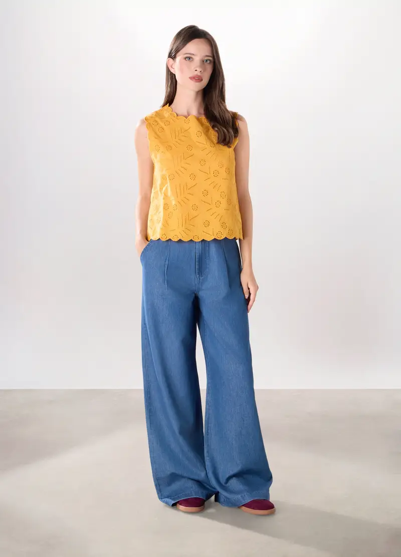 Pantaloni Wide Leg In Denim Di Misto Cotone Donna, Blu denim