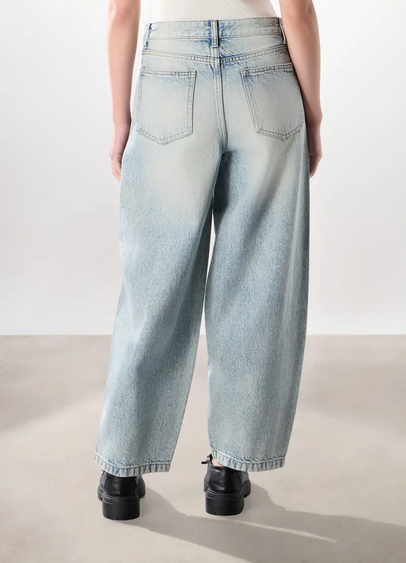 Pantaloni Wide Leg In Denim Di Puro Cotone Donna, Azzurro chiaro miniatura 2