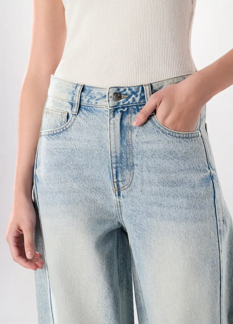 Pantaloni Wide Leg In Denim Di Puro Cotone Donna, Azzurro chiaro miniatura 3