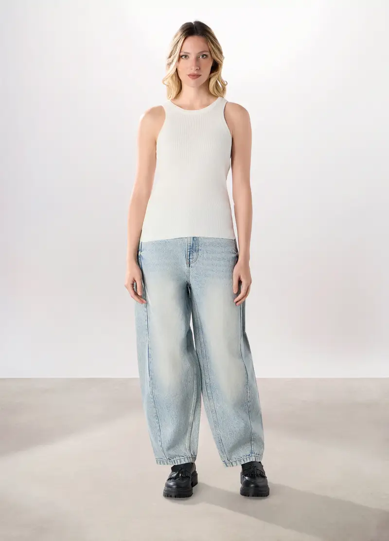 Pantaloni Wide Leg In Denim Di Puro Cotone Donna, Azzurro chiaro