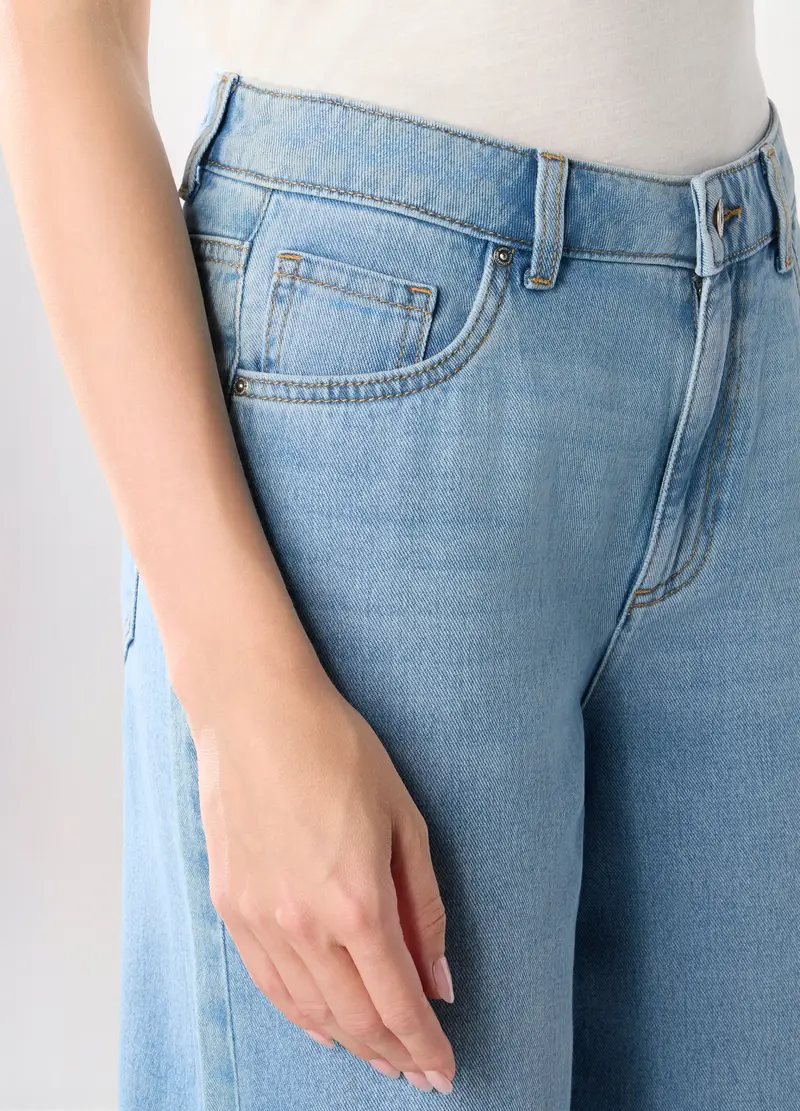 Pantaloni Wide Leg In Denim Di Puro Cotone Donna, Azzurro chiaro miniatura 3