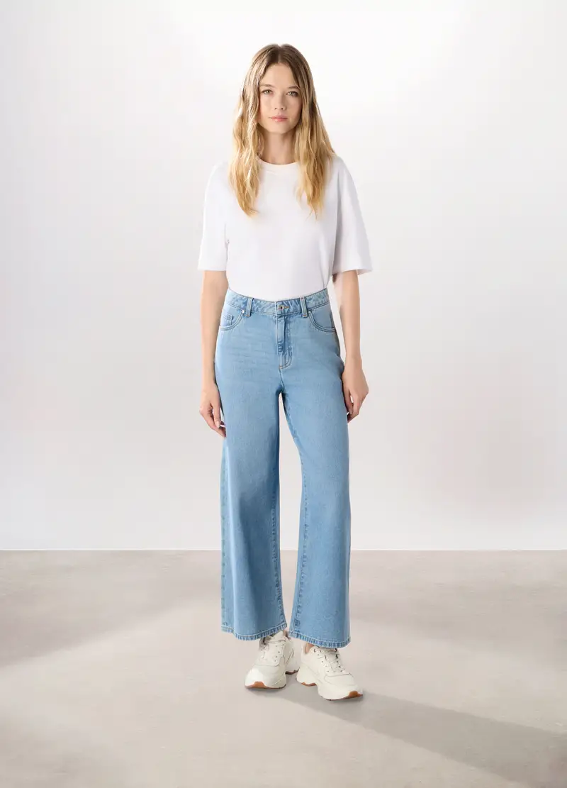 Pantaloni Wide Leg In Denim Di Puro Cotone Donna, Azzurro chiaro