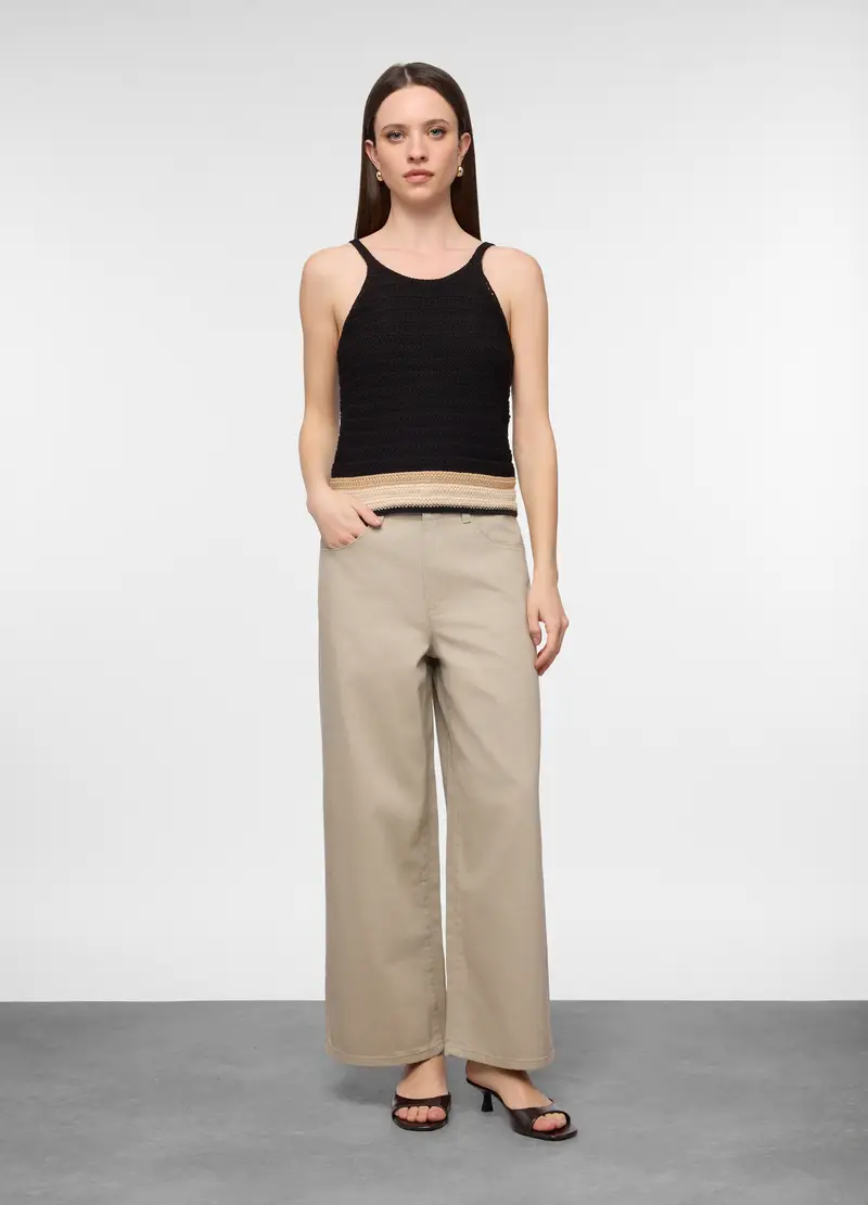 Pantaloni Wide Leg In Denim Di Puro Cotone Donna, Beige chiaro